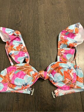 Floral Ruffle Bikini Top - Pink, Orange & Aqua